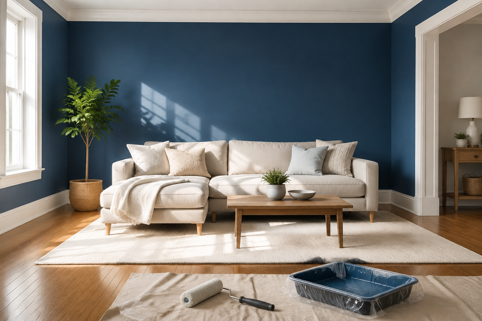 Illustrative living room with freshly painted blue walls, white trim, and painting tools
